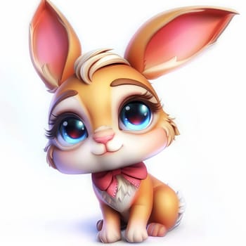 Adorable cartoon bunny with big eyes and pink bow on white background. On white background.