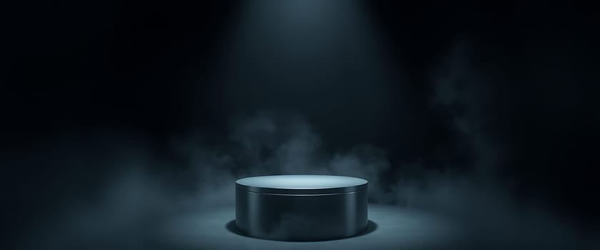 A circular stage is highlighted by a single overhead light, casting a dramatic glow in a misty, darkened environment, creating an intriguing setting for events.