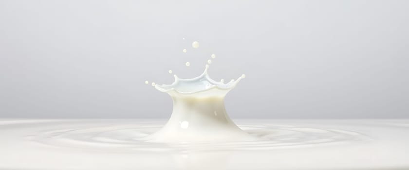 Milk splashes into the air, creating a delicate crown shape with cascading droplets falling back into the smooth liquid surface, illuminated by soft light.