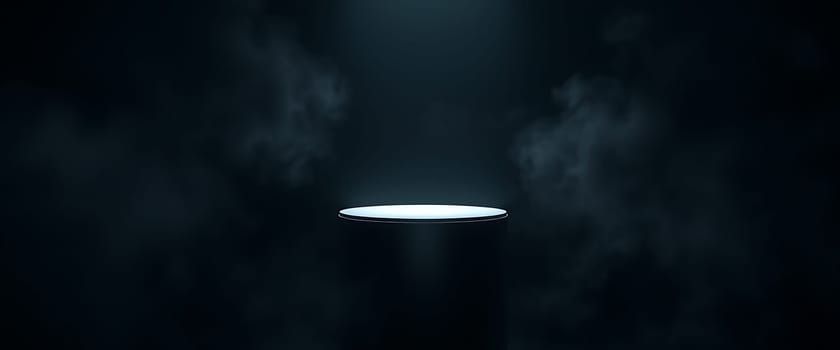 A circular platform is highlighted by a soft, focused spotlight in a dark environment, with mist swirling around, creating an atmospheric and mysterious effect.