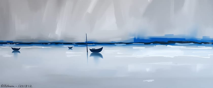 A calm seascape unfolds with small boats gently floating on a glassy surface, surrounded by a misty atmosphere. The soft blue hues blend harmoniously, evoking peace.