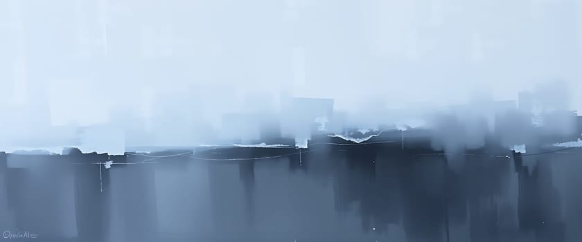 The artwork features a blend of soothing blue and gray tones, evoking a sense of calm and tranquility. The abstract design suggests a serene coastal landscape, inviting reflection.