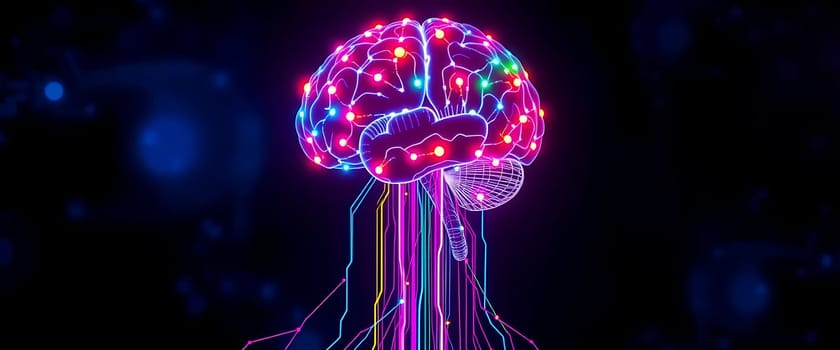 A vibrant illustration displays a brain adorned with bright lights, highlighting neural pathways. The design creates a dynamic effect, set against a dark backdrop.