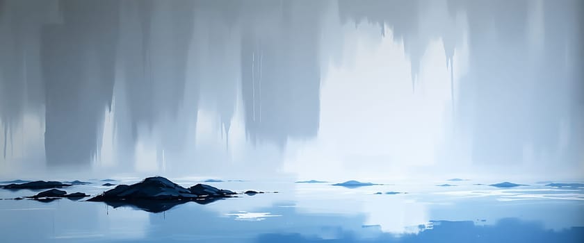 In the early morning light, mist drifts softly above a serene lake. The still water reflects a hazy landscape while dark stones protrude from the surface, creating a peaceful atmosphere.