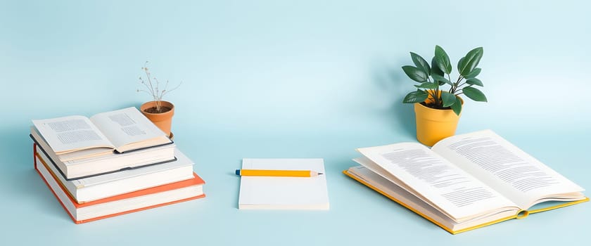 An organized workspace showcases a stack of books in various colors, an open book, a blank notebook, a yellow pen, and two small potted plants.