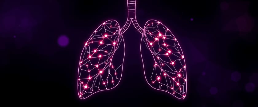 A vibrant illustration showcases the human lungs as a network of glowing connections against a dark background, symbolizing health and life