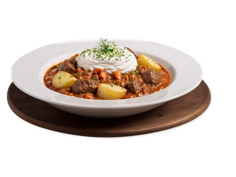 Goulash hearty Hungarian stew with tender beef potatoes and rich paprika infused sauce served. Food isolated on transparent background.