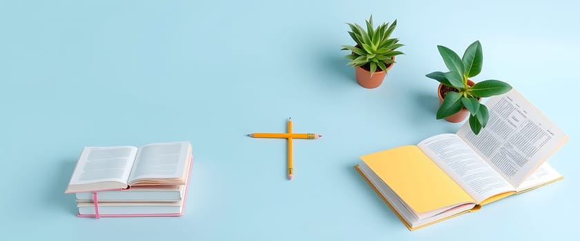 A workspace features an open yellow book and a dictionary paired with two stacked books. Two potted plants and pens complete the inviting study atmosphere.