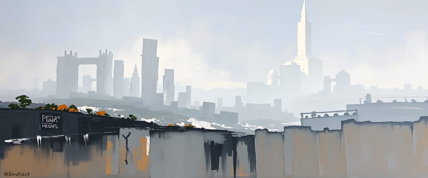 A muted and foggy view of a city's skyline captures the silhouette of iconic skyscrapers. The scene is tranquil, reflecting early morning light and creating a calm mood.