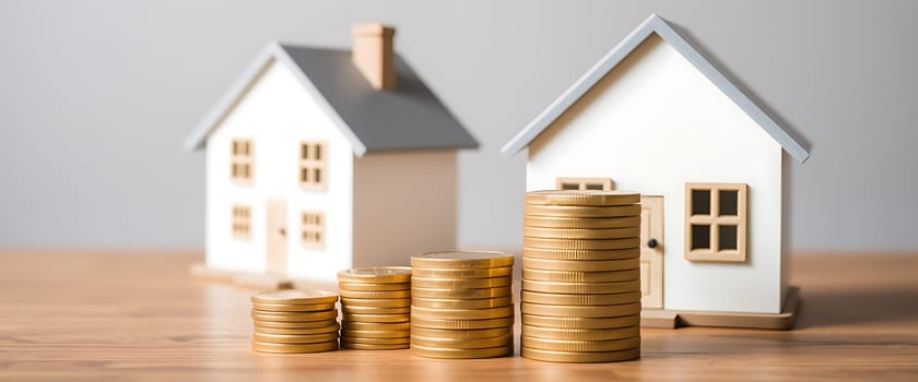 The arrangement features stacks of coins positioned next to two small houses, symbolizing the potential for growth in real estate investments set against a soft background.