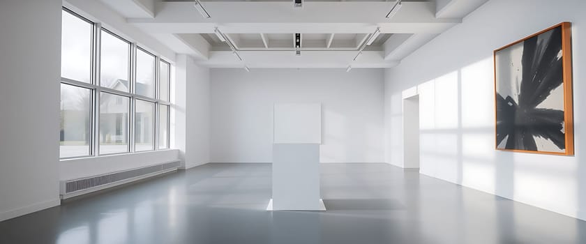A spacious art gallery features a central white pedestal highlighted by natural light. An abstract black and white artwork adorns one wall, enhancing the minimalist aesthetic.