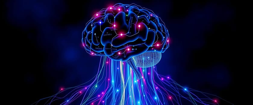 This artwork presents a colorful representation of the brain with luminous neural pathways extending outward, symbolizing thought, creativity, and intelligence in a dark setting.