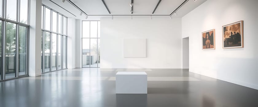 The bright interior of a contemporary art gallery showcases a minimalist aesthetic with large windows allowing natural light. Two artworks hang on the walls, and a pedestal stands in the center.