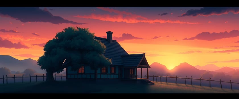 As the sun sets behind the mountains, a charming cottage stands silhouetted against a colorful sky, surrounded by tranquil fields and a wooden fence.