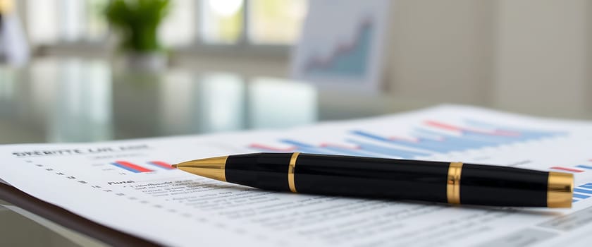 A financial report features colorful bar graphs alongside a sleek black pen resting on a document. The scene is set in a bright office, indicating productivity.
