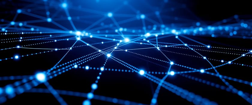 A vibrant display of blue lights and connections illustrates an intricate network system, symbolizing data exchange in the digital realm, against a dark backdrop.
