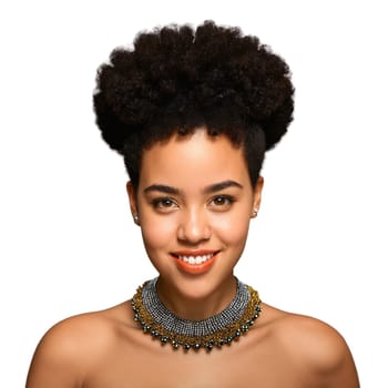 Young biracial woman with afro puffs and statement necklace plain face winking eyes grimacing mouth. Essence of diverse femininity. Woman isolated on transparent background.