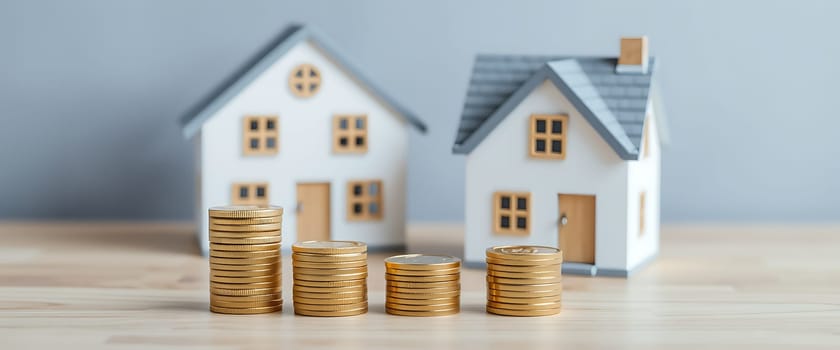Stacks of coins are arranged in increasing height, positioned in front of two model houses. The arrangement symbolizes financial investment and real estate growth.