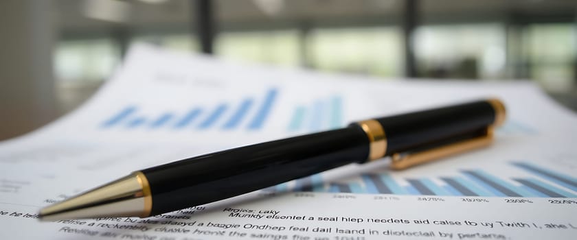 A sleek black pen placed atop a set of financial documents showcasing bar graphs and data analysis, reflecting an active business discussion.