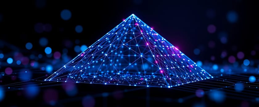 A vibrant pyramid made of glowing lines and dots stands out against a dark backdrop, illustrating a stunning example of digital art and geometric design.