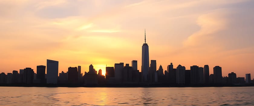 As the sun sets over New York City, the skyline is beautifully silhouetted against warm golden hues, with reflections shimmering on the calm water below.