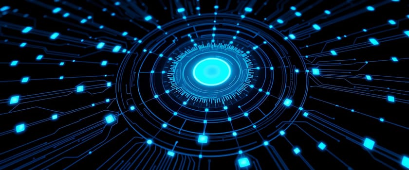 This visual features an intricate network of glowing blue lines radiating from a central circular hub, creating a mesmerizing digital effect that suggests advanced technology.