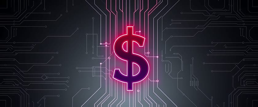 A vibrant dollar symbol shines bright amidst a dark background filled with intricate circuit patterns, illustrating the fusion of finance and digital technology.