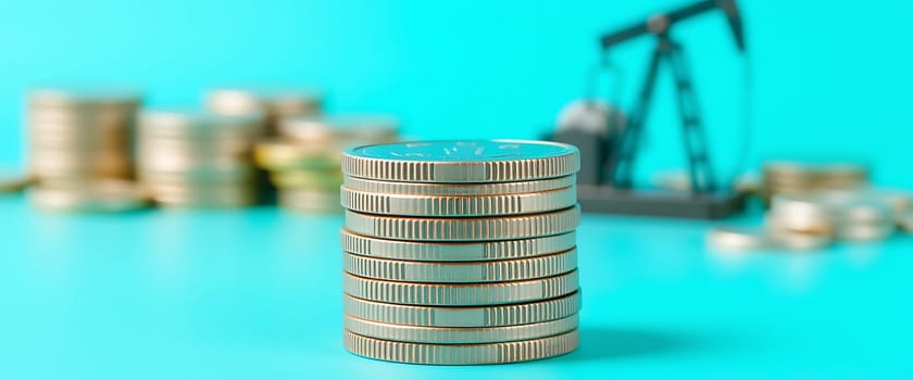 Stacks of coins are clearly arranged in the foreground, with an oil pump model blurred in the background, illustrating the connection between finance and energy resources.