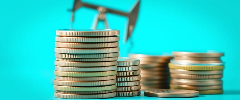 Multiple stacks of coins are arranged near a balance scale on a turquoise backdrop, symbolizing the evaluation and management of financial assets.