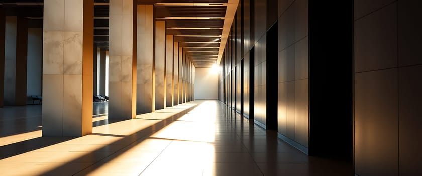 Bright sunlight streams through a contemporary corridor featuring tall columns, casting long shadows across the polished floor in the early morning.