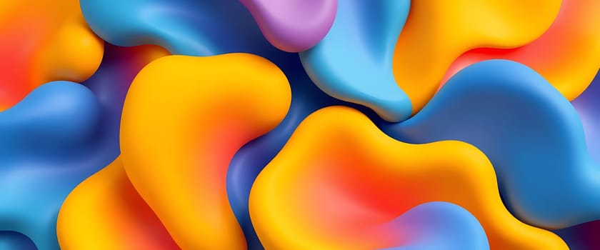 The composition features smooth, flowing shapes in bright yellow, blue, and purple that intertwine artistically, creating a visually stimulating abstract display.