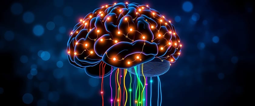 This visual showcases a stylized brain illuminated by bright lights and colorful streams representing neural connections, highlighting the intersection of technology and neuroscience.