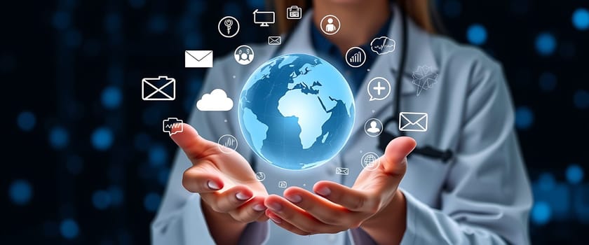 A healthcare professional in a white coat showcases a glowing globe with digital communication icons, emphasizing technology's role in global health practices and outreach.