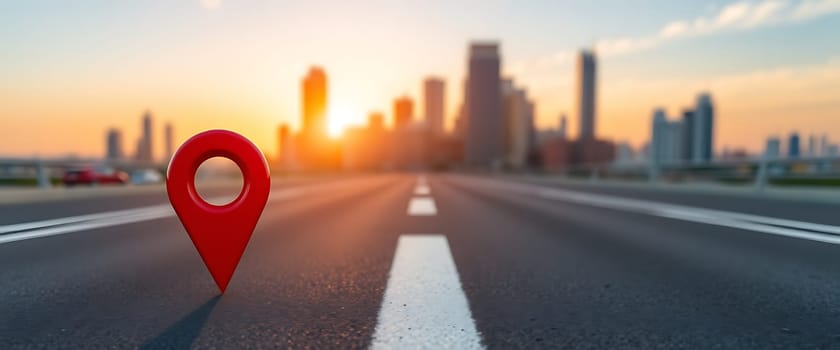 A bright red location pin stands in the middle of an empty road, with a stunning city skyline illuminated by the warm hues of a sunset in the background.