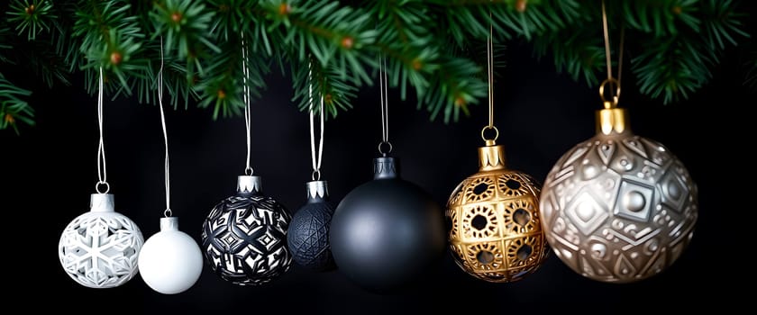 Beautifully decorated black, white, and gold ornaments hang from a lush pine branch, creating a festive atmosphere perfect for the holiday season.
