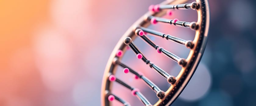 This visual features a detailed representation of a DNA double helix structure, highlighting its intricate connections and colorful components in a vibrant, soft-focus background.