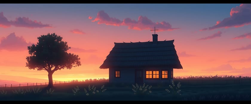 The silhouette of a charming cottage stands against a vibrant sunset, with a tall tree nearby. The scene conveys serenity and the beauty of nature during twilight.