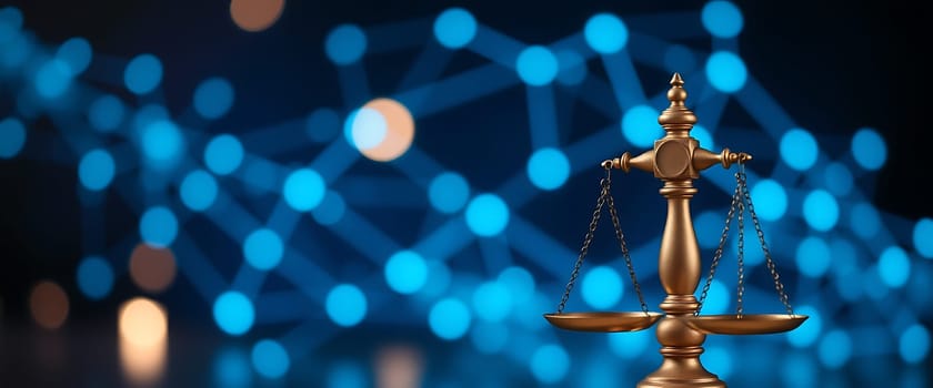 The scale of justice prominently features metallic hues while positioned against a blurred blue background, symbolizing the intersection of law and modern technology.