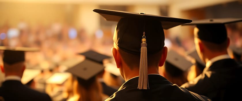 A group of graduates wearing caps and gowns stand proudly, facing a large audience during a graduation ceremony. The warm light enhances the joyful atmosphere of the event.