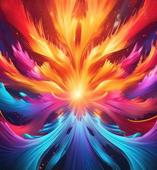 Abstract background and texture. Colorful streaks in orange, blue, and pink form a glowing, energetic shape. A cosmic, fire-like explosion of color and light radiating from the center.