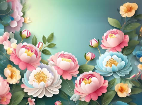 A beautiful arrangement of pastel-colored flowers on a soft gradient background. Delicate pink and blue blossoms with green leaves create an elegant floral composition. Elegant floral arrangement.