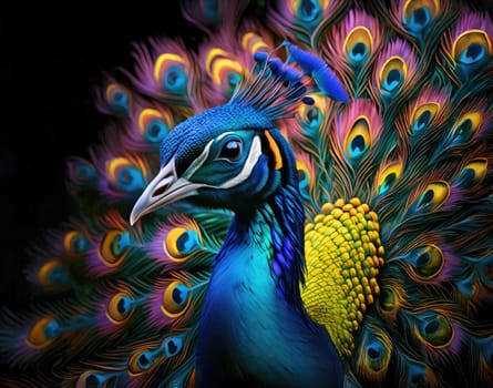A vibrant peacock displaying its stunning, colorful feathers in vivid detail. The peacock's feathers shimmer with hues of blue, yellow, and green.