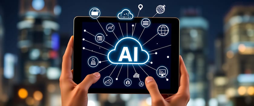 A person is using a tablet that shows various icons representing artificial intelligence cloud technology against a vibrant city skyline during nighttime.