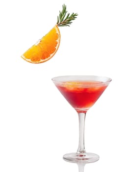 Pomegranate Punch Vibrant red cocktail in a wine glass garnished with a sprig of rosemary. Drink isolated on transparent background.
