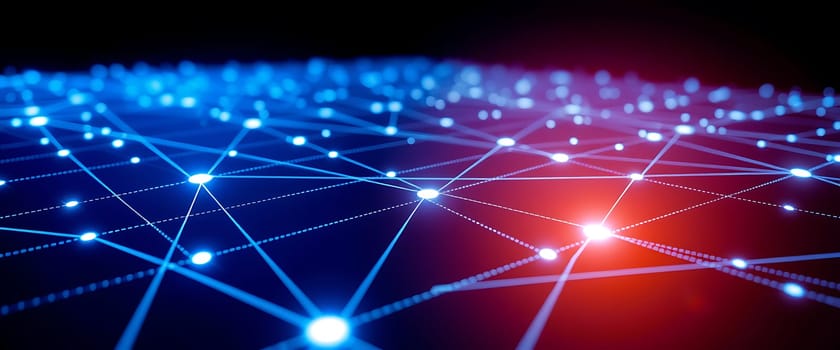 A vibrant display of interconnected points of light on a dark surface illustrates a digital network. The blue and red connections suggest activity and data transfer within a technological landscape.