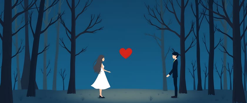 In a dimly lit forest, a couple faces each other, with a bright red heart hovering between them, symbolizing their love in a serene yet mysterious setting.