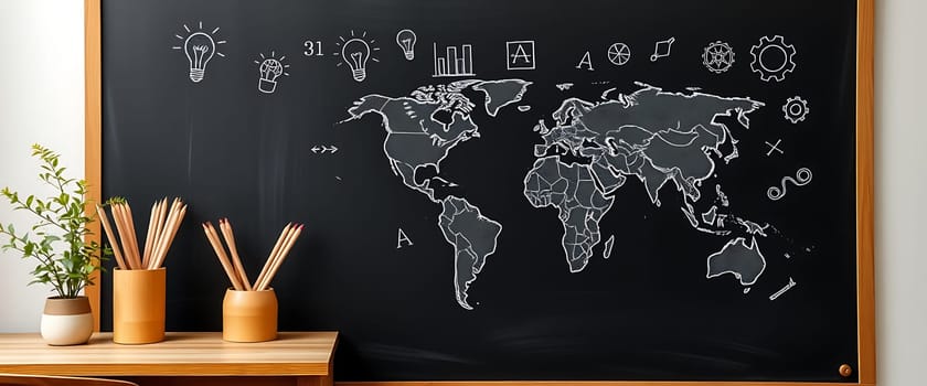A large chalkboard features a detailed world map with various educational illustrations and symbols. The board is complemented by pots of pencils, creating a vibrant learning environment.