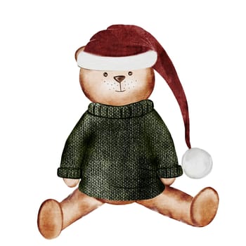 Christmas Teddy bear toy. Watercolor illustration hand drawing. Clip art of a bear in a Christmas hat and a warm sweater isolated on a white background. Children's design. Ideal for New Year cards, posters and stickers Clumsy cute animal