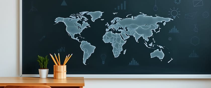 A chalkboard displays a detailed world map in a classroom setting, complemented by a wooden desk holding a pencil holder and a small plant, fostering a creative learning atmosphere.