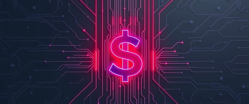 A glowing dollar sign is embedded in a circuit board design, showcasing a blend of technology and finance, highlighting the modern digital economy.